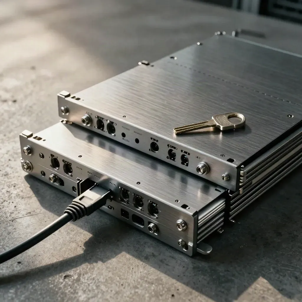 Top-down still life of server sleds, braided cable, and hardware key on dark concrete.