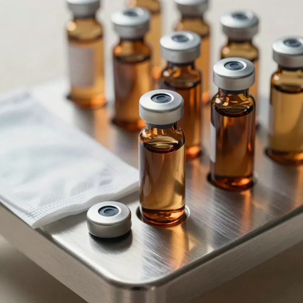 Amber lab vials in a steel rack beside a sterile pouch and aluminum seal cap.