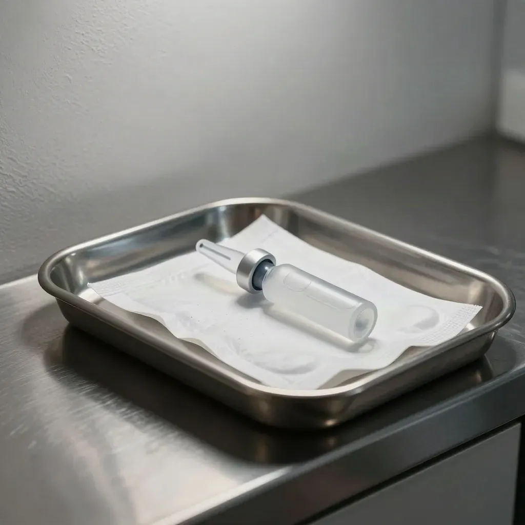 Blister pack, steel tray, and frosted ampoule on warm plaster in soft clinical light.