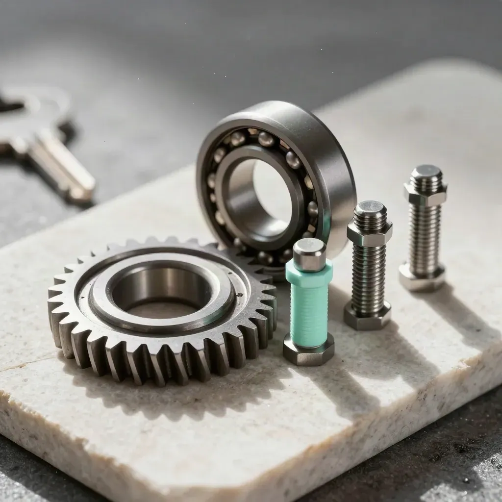 Machined gears, bearing race, and hex standoffs on pale stone in dramatic side light.