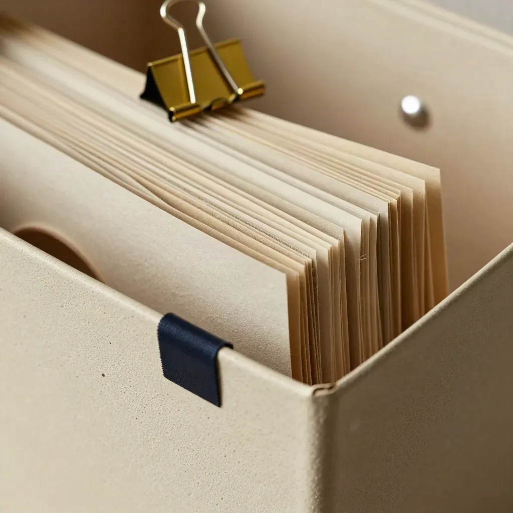 Macro still life of archive carton, cloth tape roll, brass binder clips and folded paper sleeves on plaster.