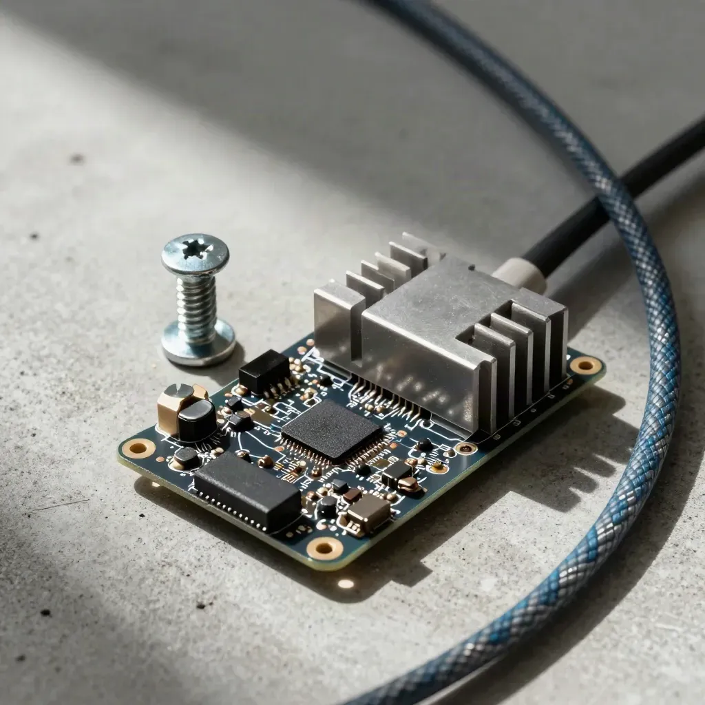 PCB daughterboard, heat sink, screws, and braided cable on pale concrete with blue accent