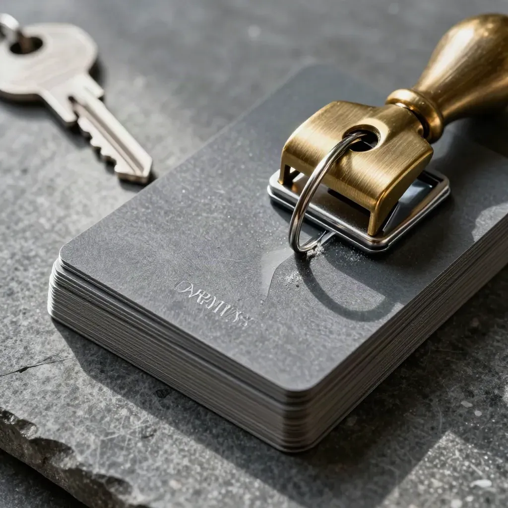 Top-down macro of anodized tags, brass keyring, steel punch, and blank cards on matte stone.