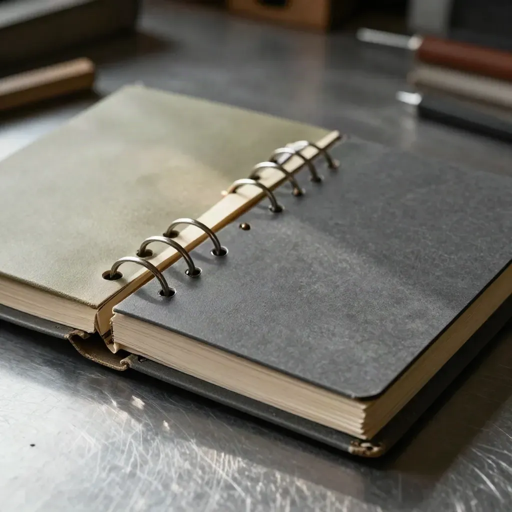 Open ring-bound release log with tab dividers, paper clips and a folded page marker on brushed metal.