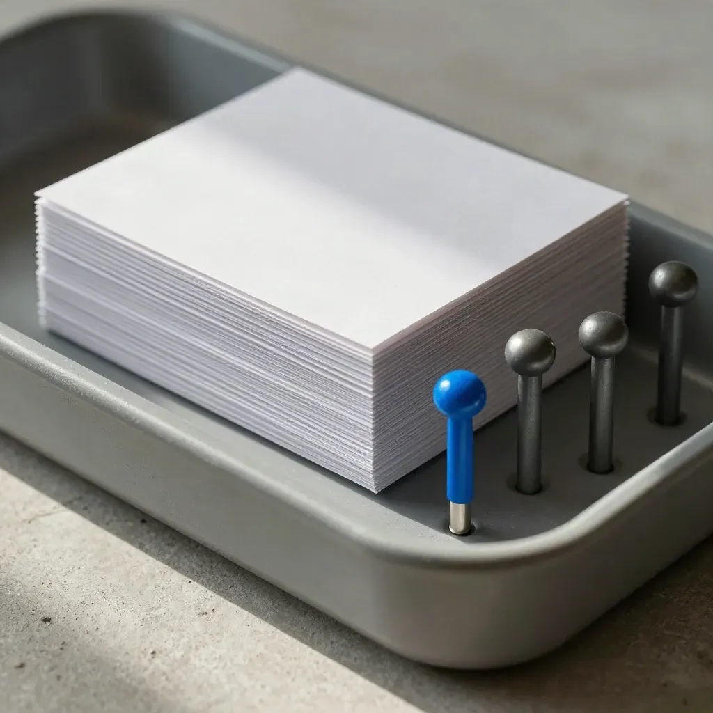 Response cards, tally pegs, and a sorting tray on pale concrete, seen in tight side macro.