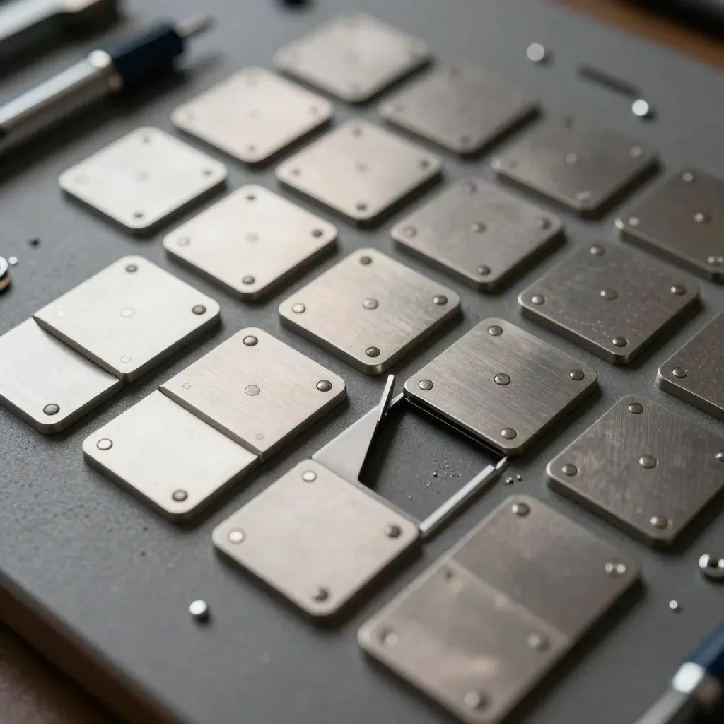 Top-down macro of steel bug-tracking tokens sliding on a brushed-metal grid.