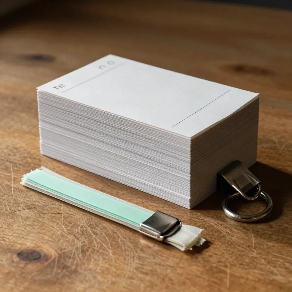 Checklist punch cards, ring clip, and zip-tie bundle on warm wood under dramatic studio light