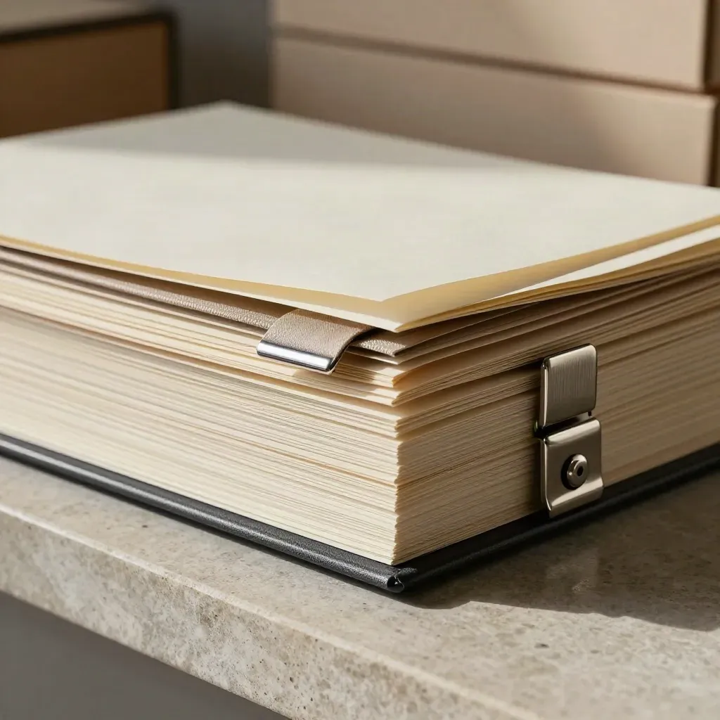 Macro of archival binder pages and silver clips on pale stone, soft haze and directional light.
