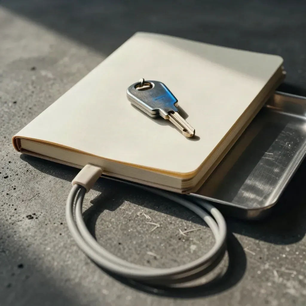 Release notebook, security key, cable coil, and metal tray on concrete, seen through blurred cable