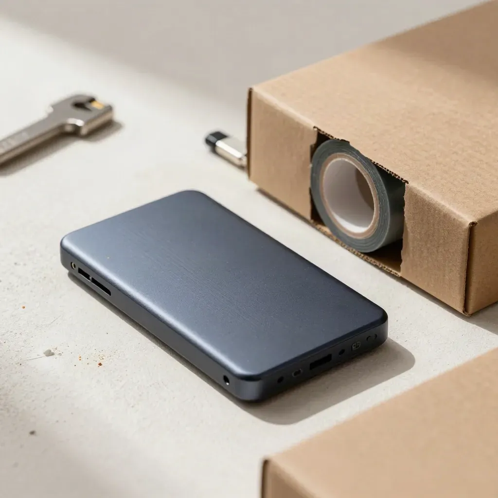 Portable SSD kit with gaffer tape, hub, and prototype carton on pale plaster, shot through a box flap.