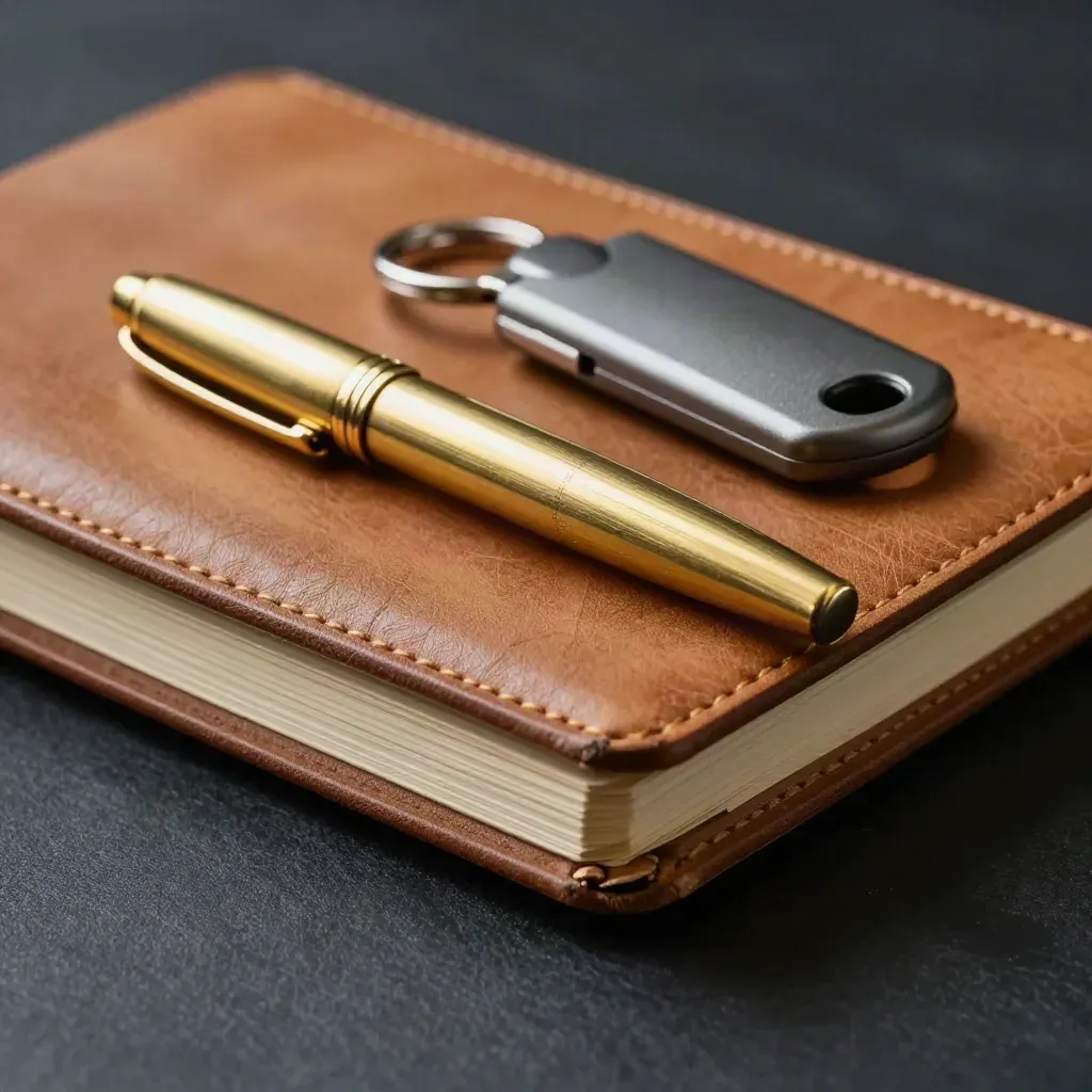 Leather notebook, brass cap, key fob and cards on dark walnut in warm light