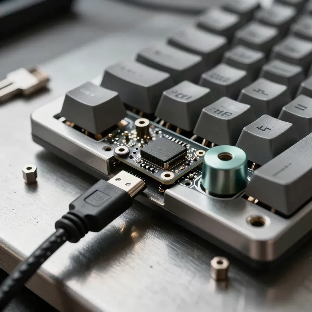 Macro of a PCB, keycap tray, braided cable, and hex standoffs on brushed steel.