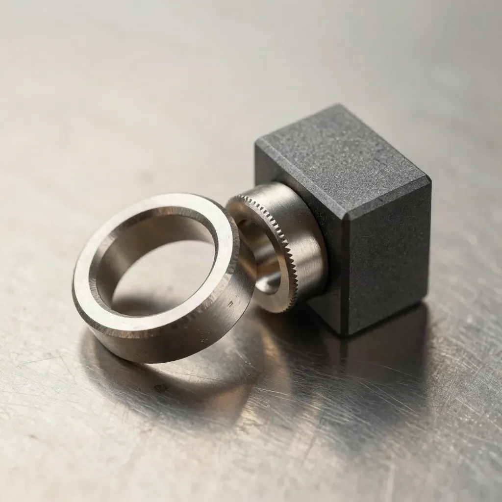 Aluminum rings, connector sleeve, and modular block aligned on brushed metal under dramatic light