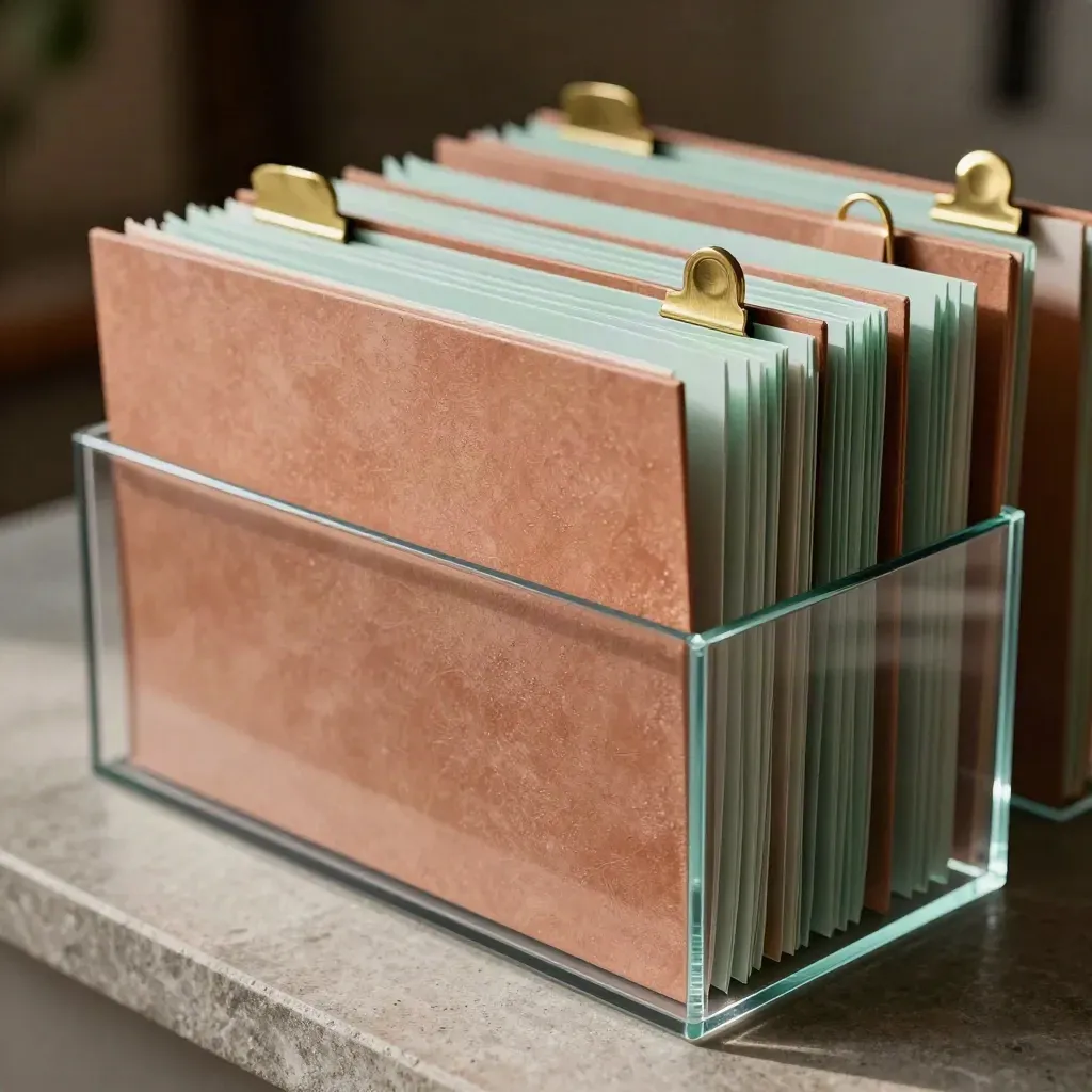 Archival folders fanned under a glass paperweight with brass clips on warm stone, mint accents.