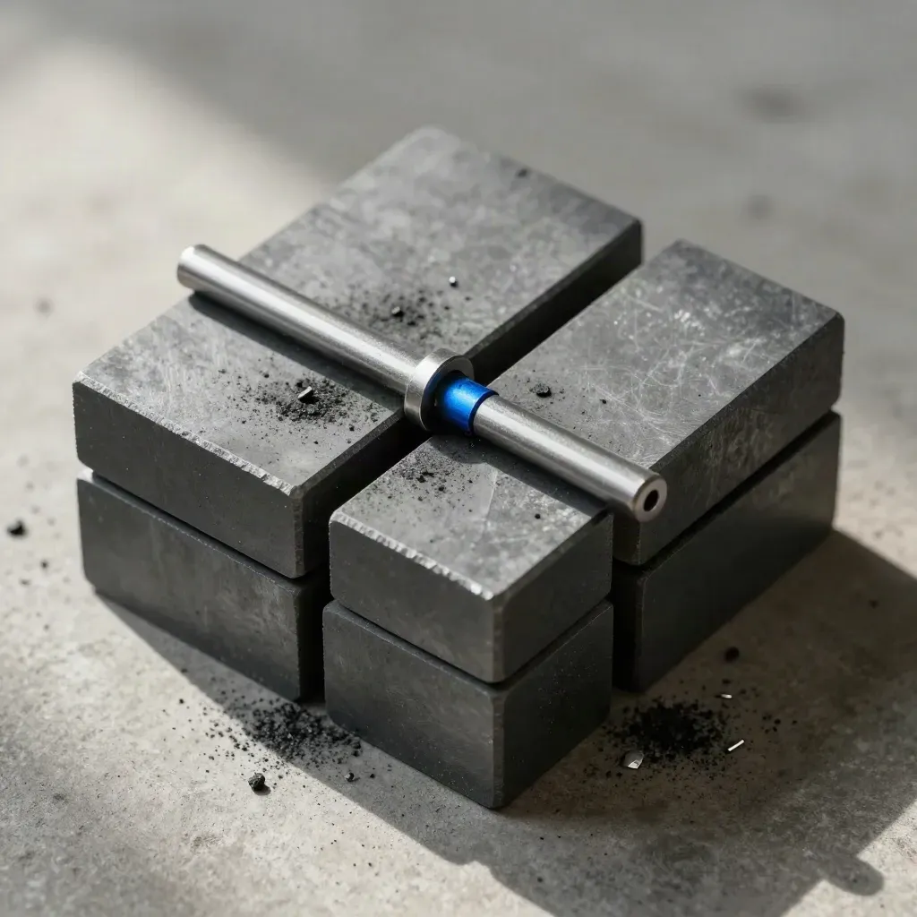 Graphite blocks and a blue connector bar align on warm concrete under soft daylight.