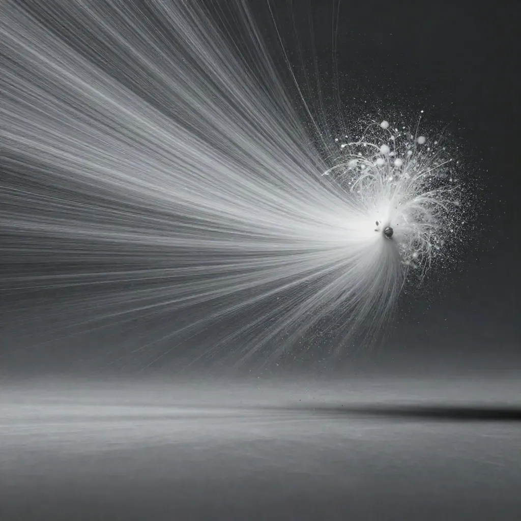 Silver filaments converge into a soft white bloom in graphite haze, leaving calm space for copy.