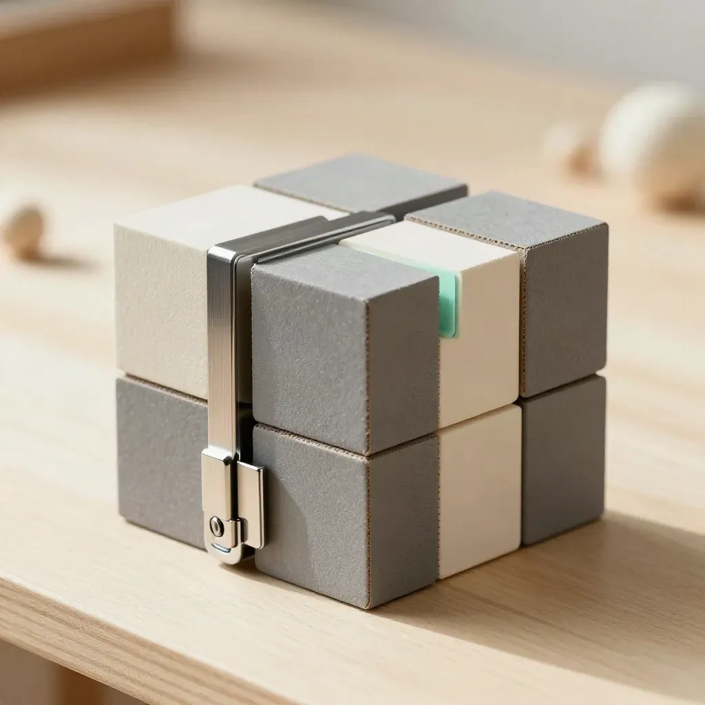 Modular paperboard cubes with clips and a hinge on pale wood