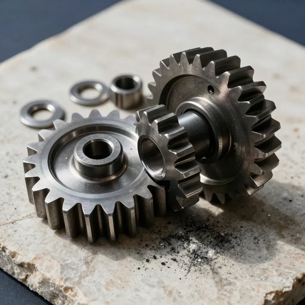 Machined gears and a split coupling on pale stone, lit in dramatic close-up